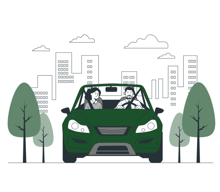 Front view of a green GoAD Cabs sedan with driver and passenger inside, city skyline and trees in the background”