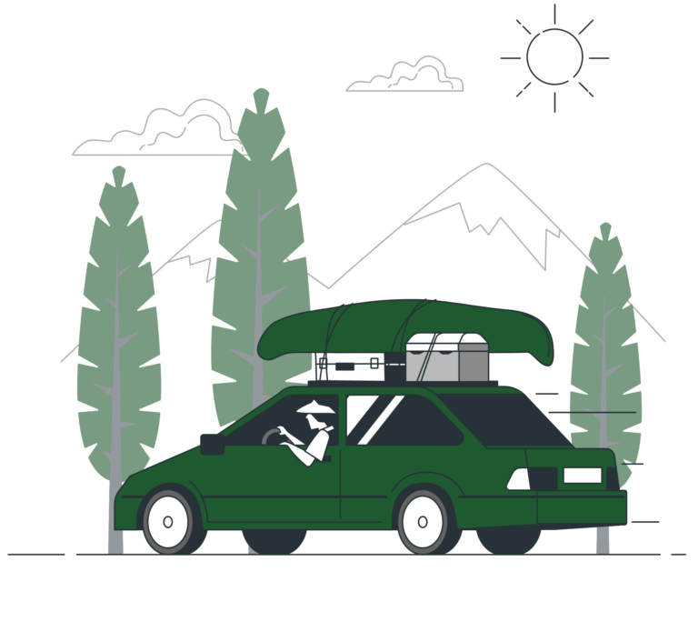 GoAD Cabs green sedan packed with luggage and a canoe on its roof, driving past pine trees toward a bhopal under a sunny sky