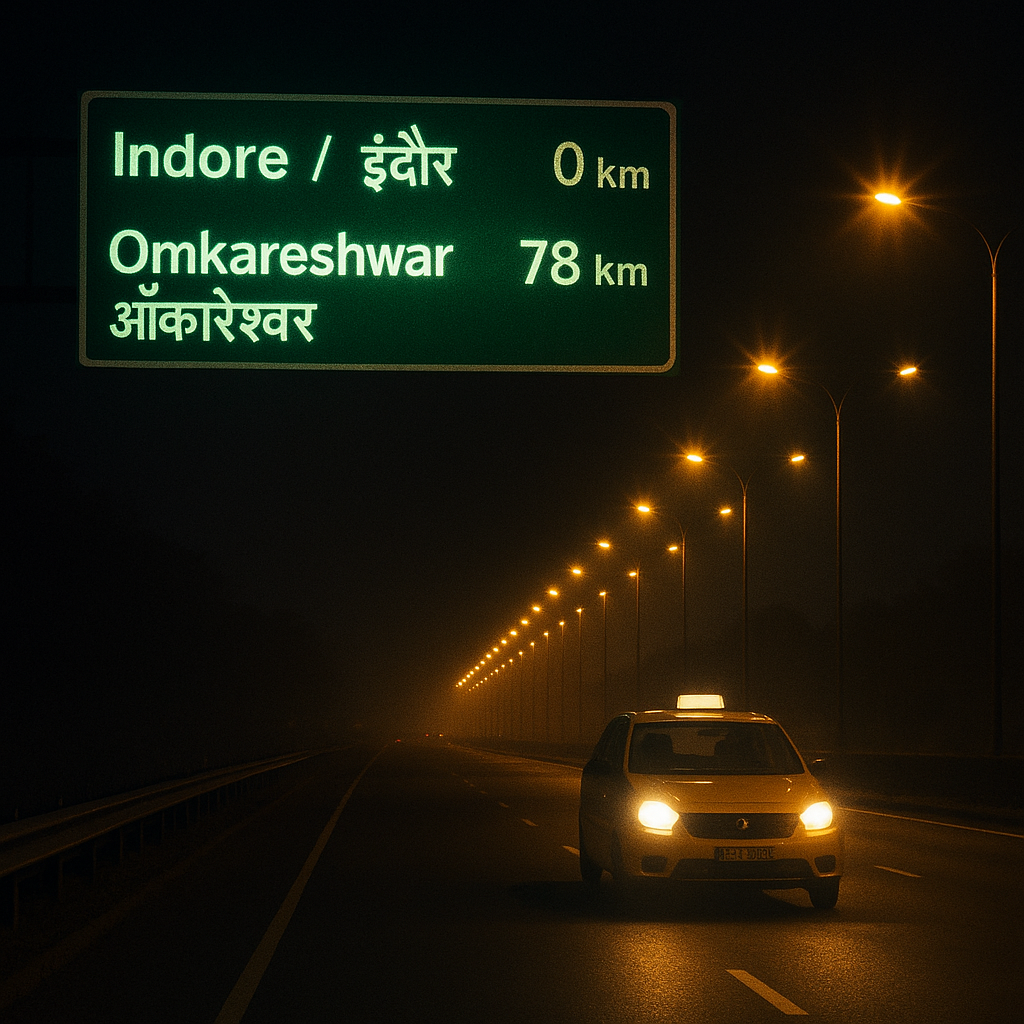 Taxi on the Indore to Omkareshwar highway and the board showing the Indore to Omkareshwar destance.