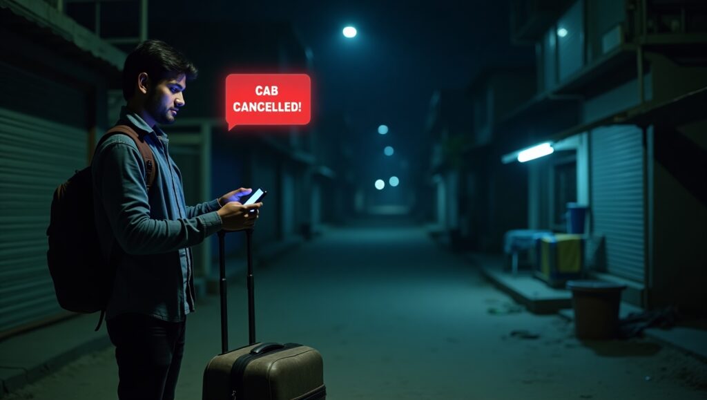 customer showcasing frustration when his cabs got cancelled from ola and uber at late night