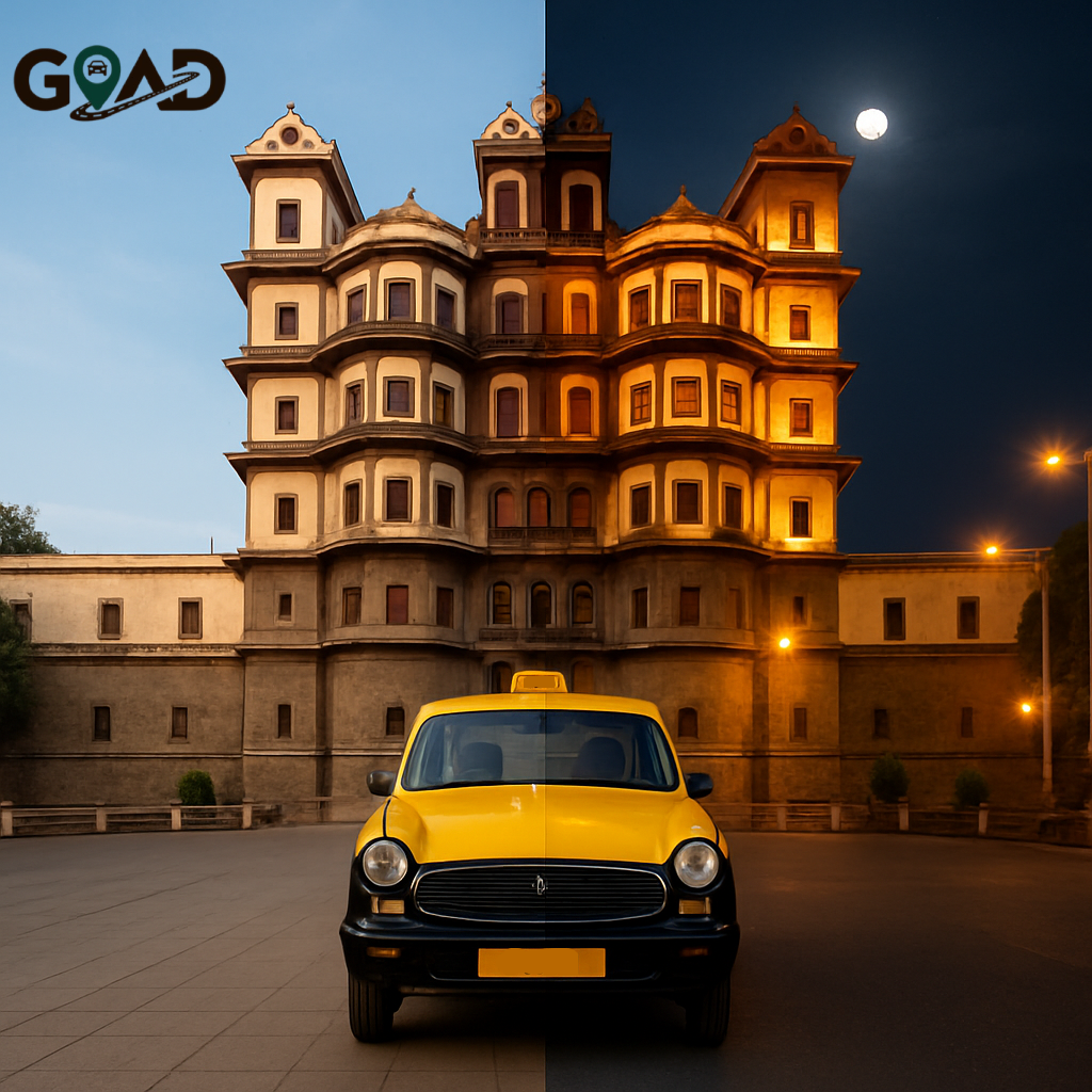 Indore 24/7 taxi service parked infront of Rajwada Palace