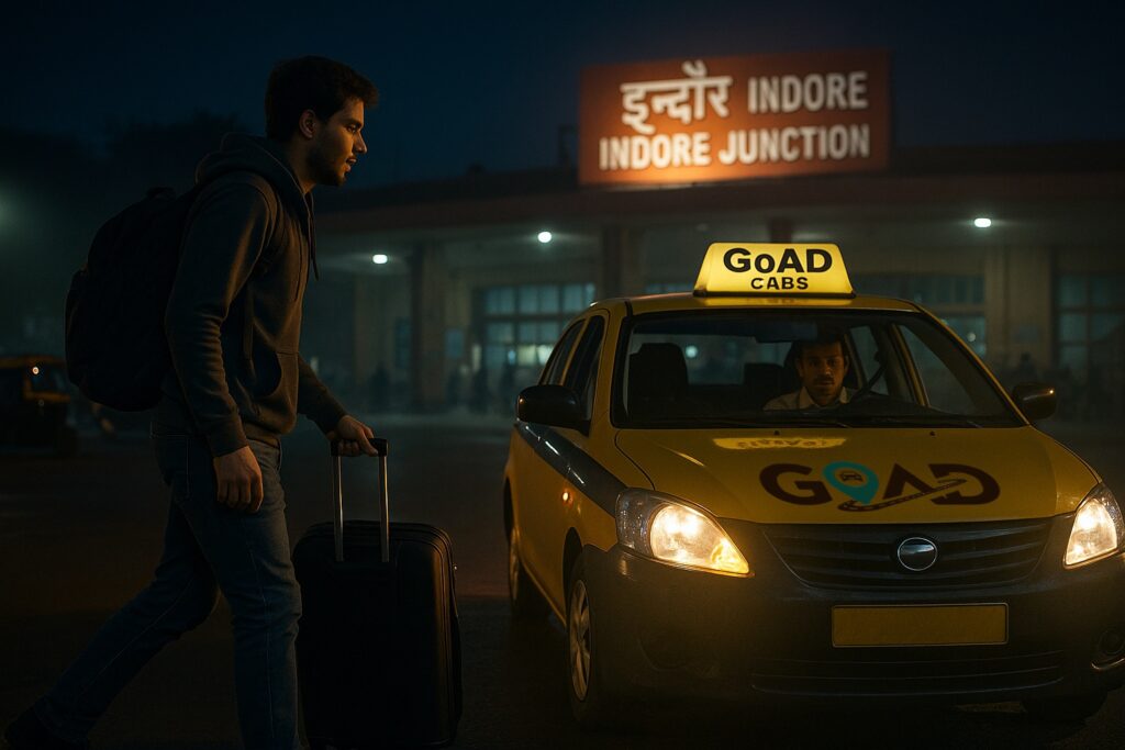 yellow color GoAD taxi service in Indore picking up the passenger with luggage at late night